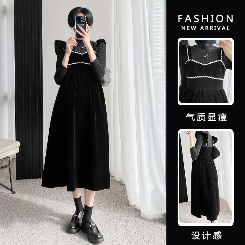 孕妇早秋新款甜美优雅气质黑色显瘦吊带裙＋黑色打底衫两件套
