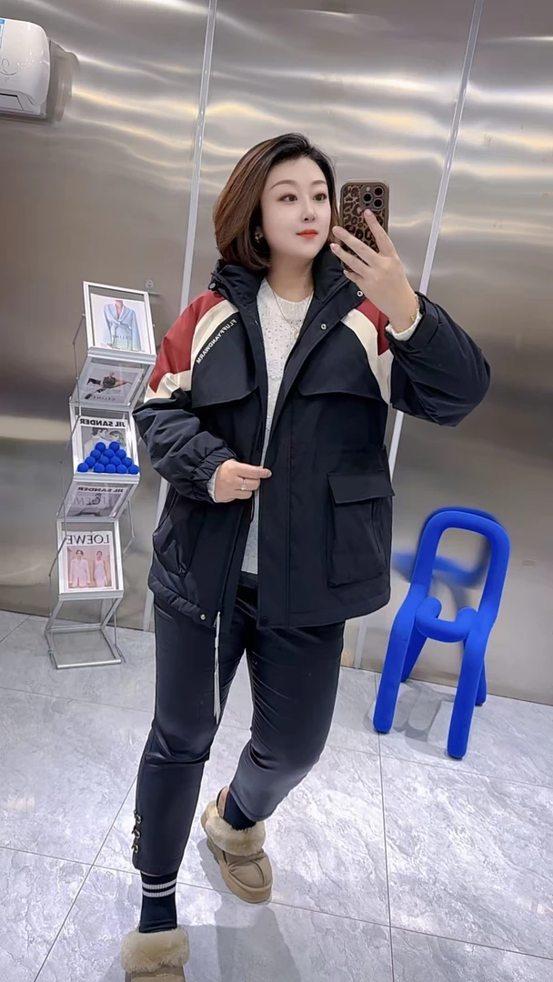 【聪姐推荐】901欧货拼色休闲洋气抽腰款棉服（衣长77，胸围138）