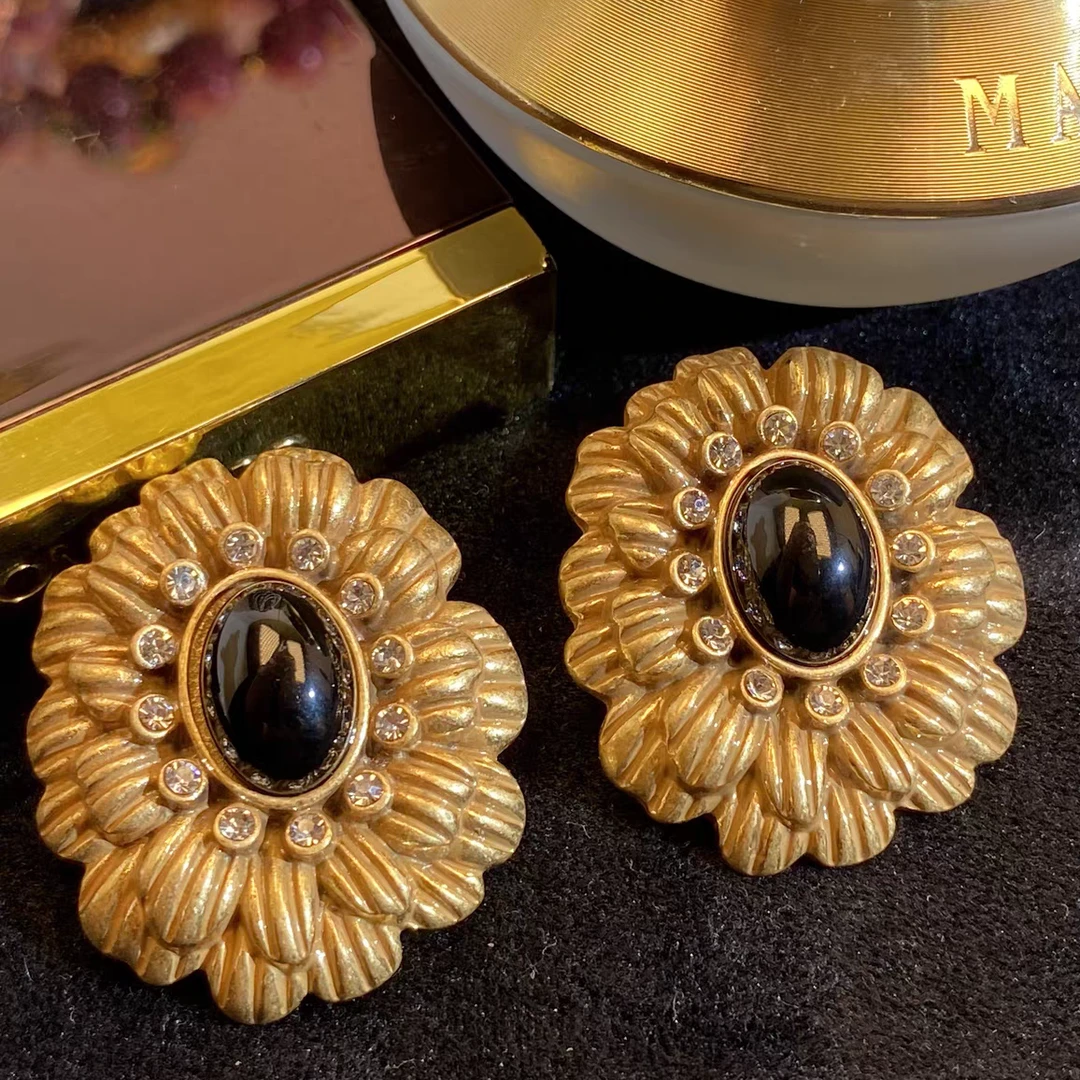 合金耳饰 合金法式中古风耳饰 141做旧耳钉黑色高级气质复古