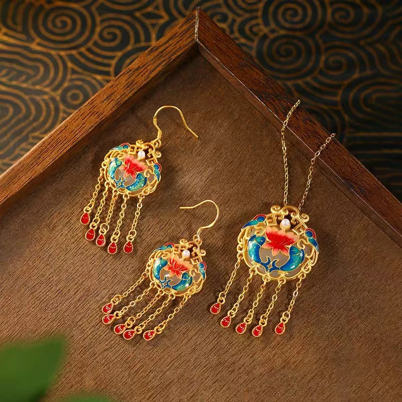 铜合金耳饰 套装新中式国风珐琅彩仿玉石项链耳坠高级感网红爆款