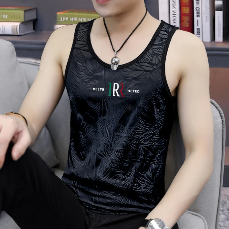 2024夏季男士印花修身冰丝内穿运动坎肩无袖速干健身圆领薄款透气