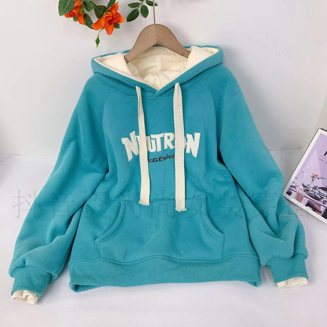 9064-蓝玫瑰2024冬季新款加绒加厚卫衣宽松百搭休闲连帽上衣女BJR