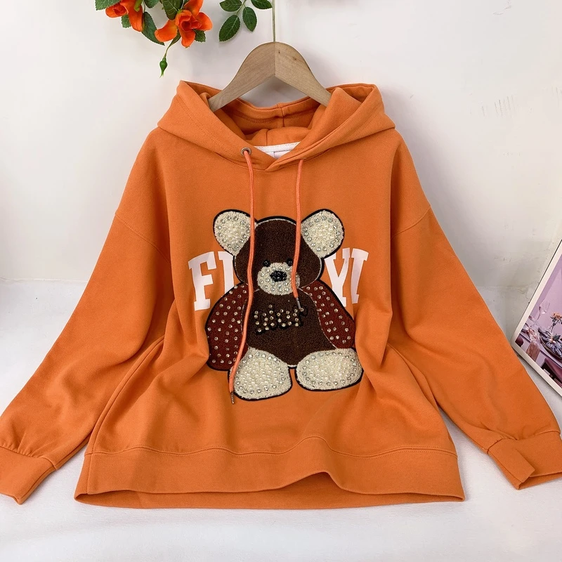 8282顽皮熊2024秋装新款韩版百搭时尚印花连帽卫衣慵懒风上衣NNS