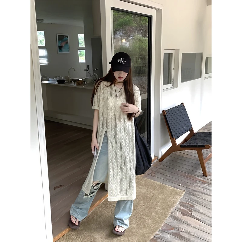 法式宽松百搭黑色圆领麻花镂空连衣裙女2024夏季中长款开叉针织衫