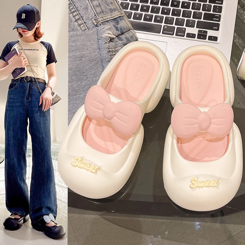 夏季新款蝴蝶结包头半拖鞋女时尚踩屎感防滑夏季网红凉拖鞋外穿女