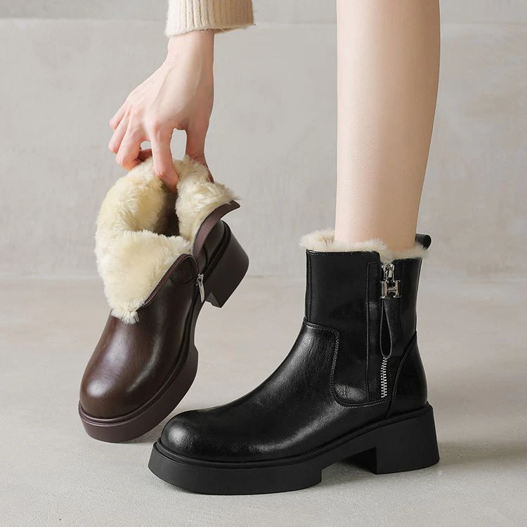 法式时尚/4.5cm冬季雪地靴女款加绒加厚皮毛一天厚底真皮短靴女靴