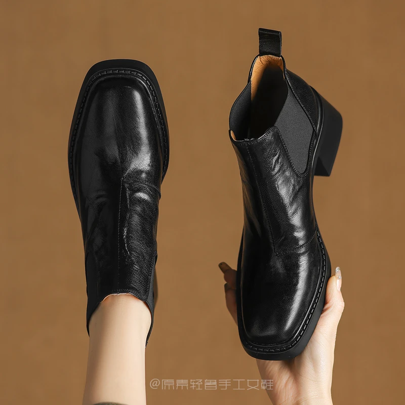 轻奢复古/4.5cm羊皮方头切尔西女靴秋冬粗跟短靴女真皮英伦风靴子