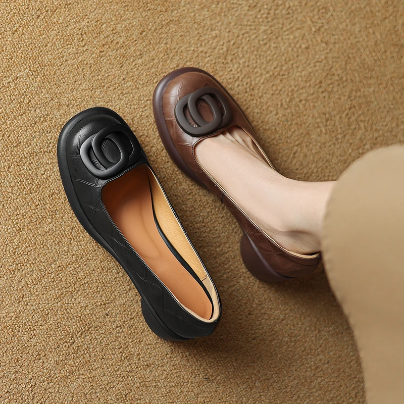 头层牛皮/5cm洋气百搭时尚软底复古单鞋女真皮春秋粗跟浅口女鞋子