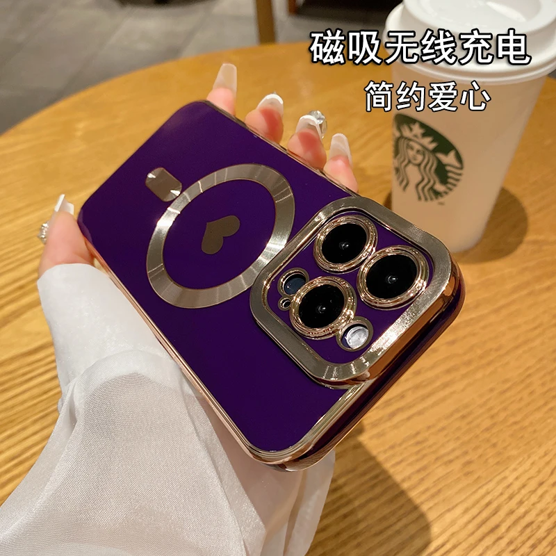 苹果14promax手机壳爱心无线磁吸iPhone13网红12pro电镀硅胶套11