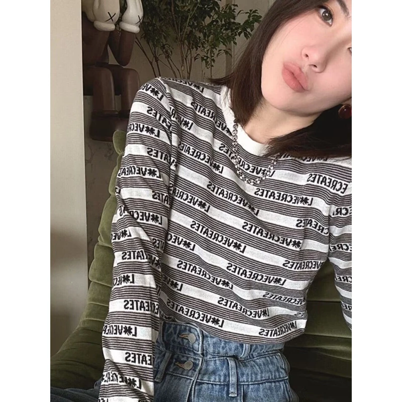 【478】｜D｜复古修身显瘦百搭条纹长袖字母套头针织衫上衣女