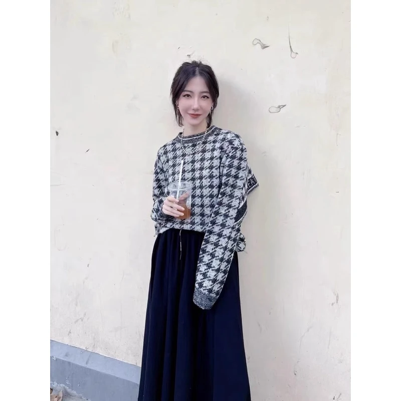 【577】｜D｜复古千鸟格休闲宽松长袖圆领套头针织衫女
