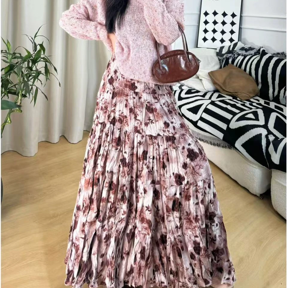 【红粉佳人】早秋款有口袋大裙摆碎花半身裙复古高腰显瘦气质长裙