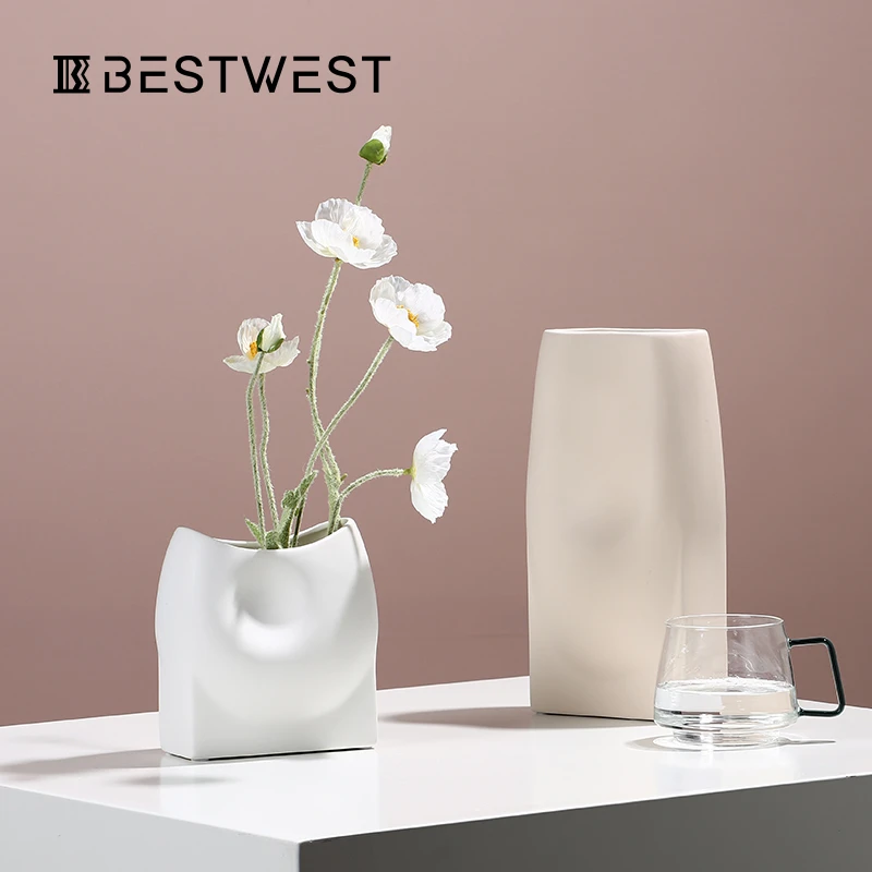 BEST WEST 陶瓷花瓶摆件设计师客厅桌面干花插花瓶装饰品摆设创意