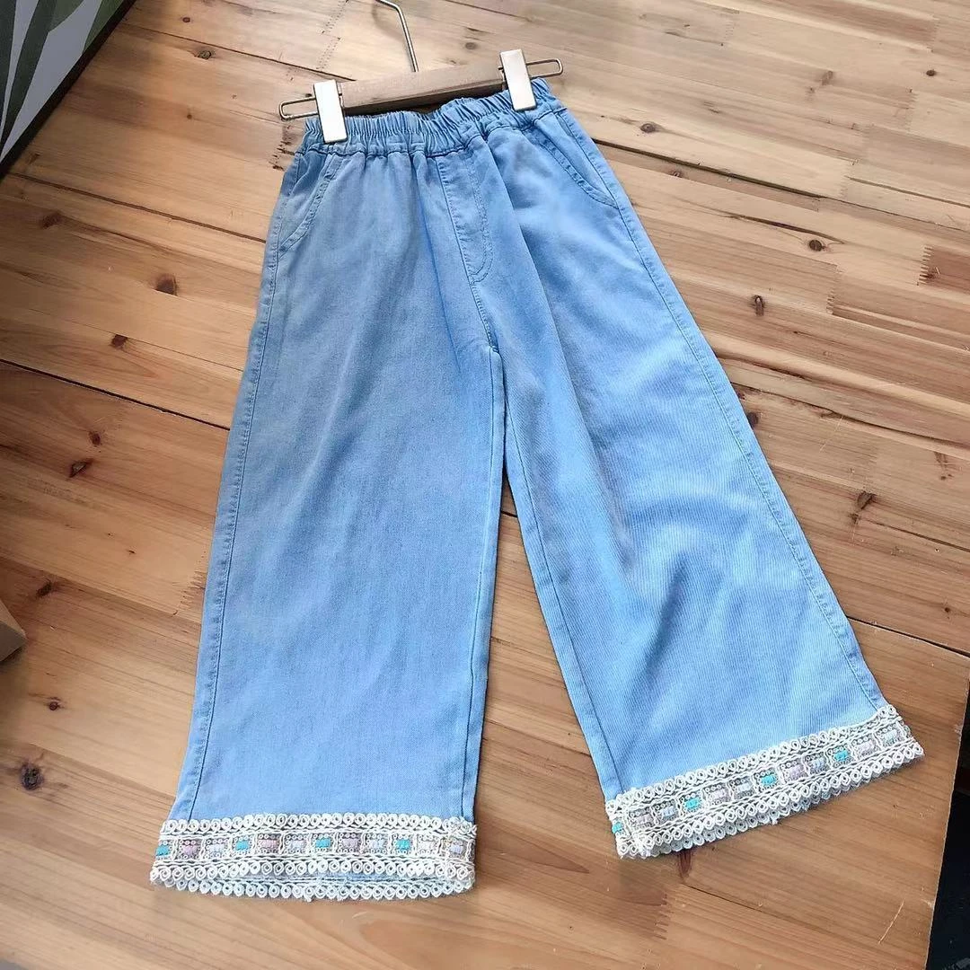 K220儿童夏季天丝花边九分阔腿牛仔裤210