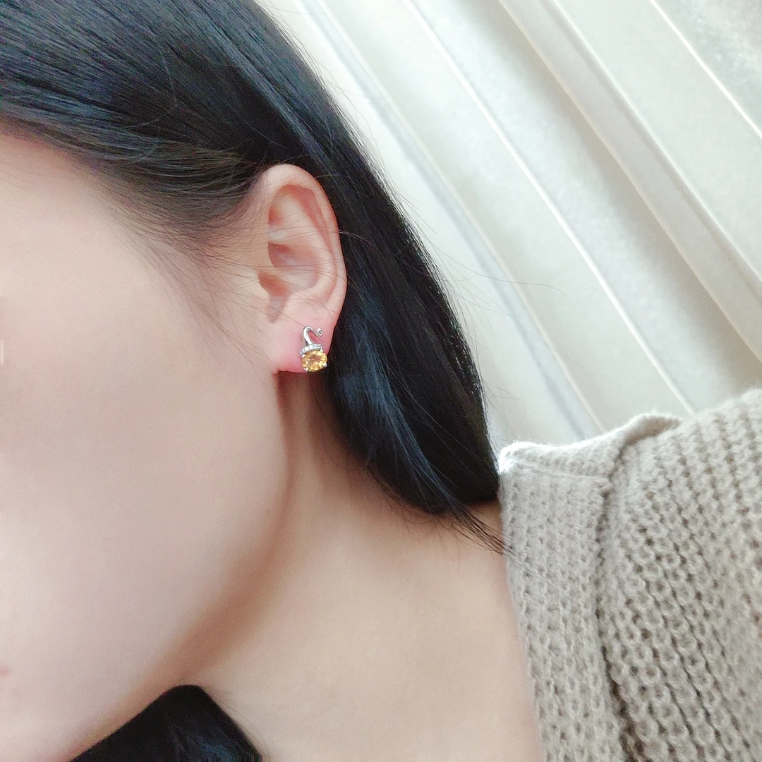 天然黄水晶帽子耳钉小众时尚感设计s925银镶嵌气质百搭小巧精致