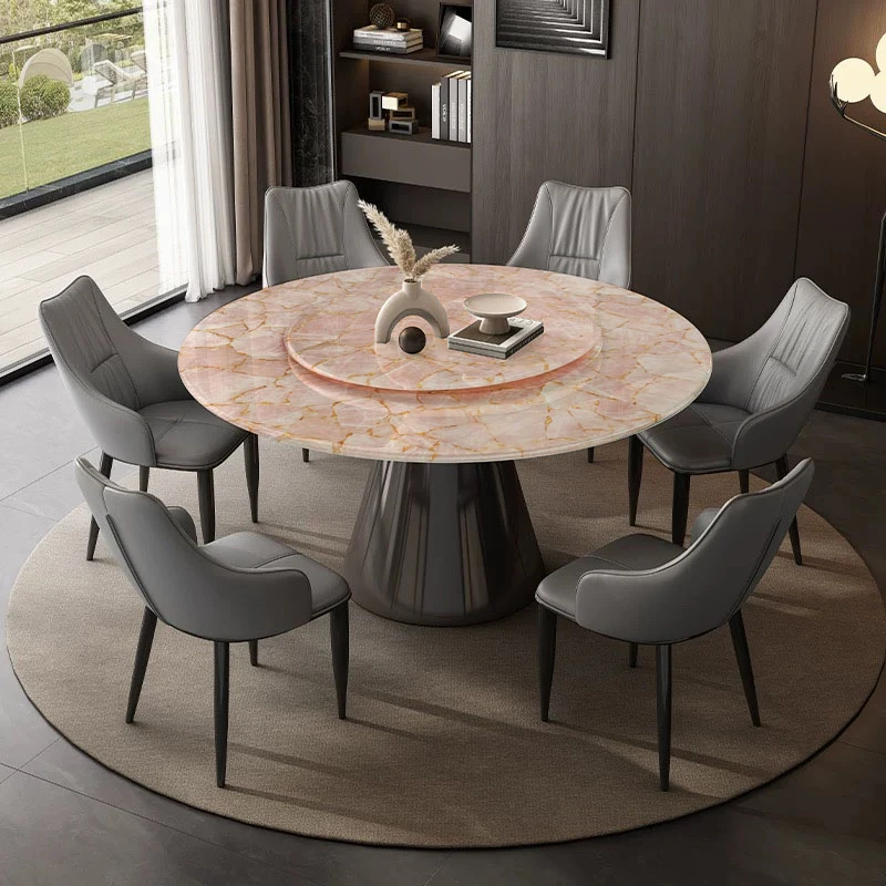 粉水晶天然奢石无金箔纸轻奢意式圆形餐桌