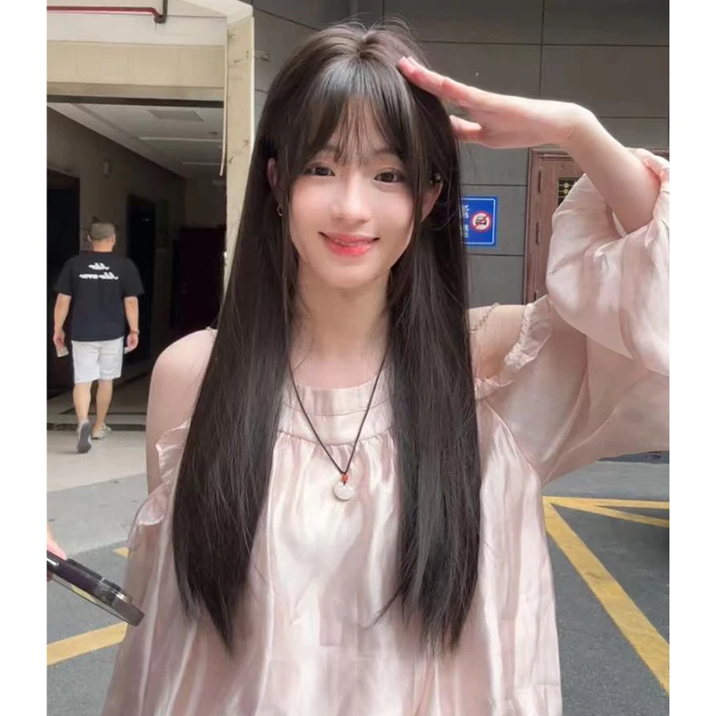 束朵假发女黑茶长直发网红日常Lolita假发自然逼真齐刘海jk全头套