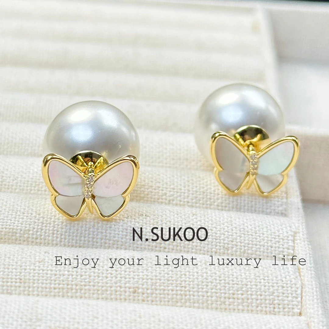 铜合金仿珍珠耳饰 E0244 时尚气质蝴蝶前后两戴优雅女神贝珠耳钉