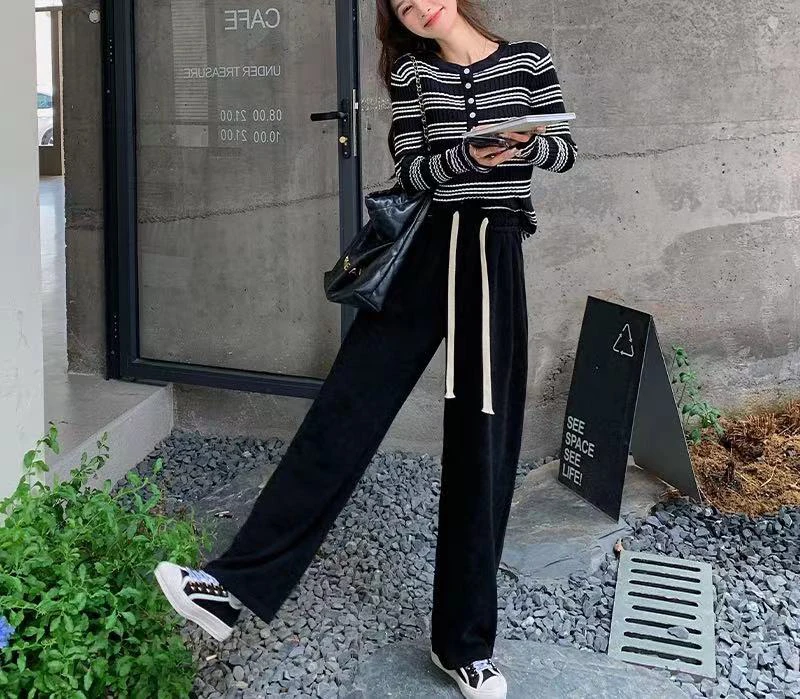 [易小慧]显瘦神器垂感宽松抽绳高腰直筒裤