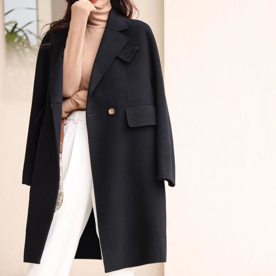 [易小慧]茧型两粒扣双面羊毛大衣气质简约时尚