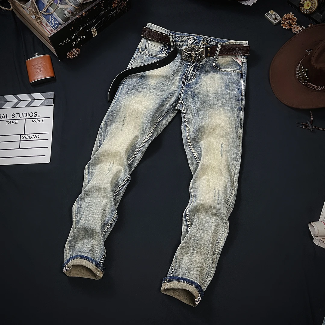 高端欧货2025浅蓝色做旧男士做旧牛仔裤男春秋新款修身潮牌高街