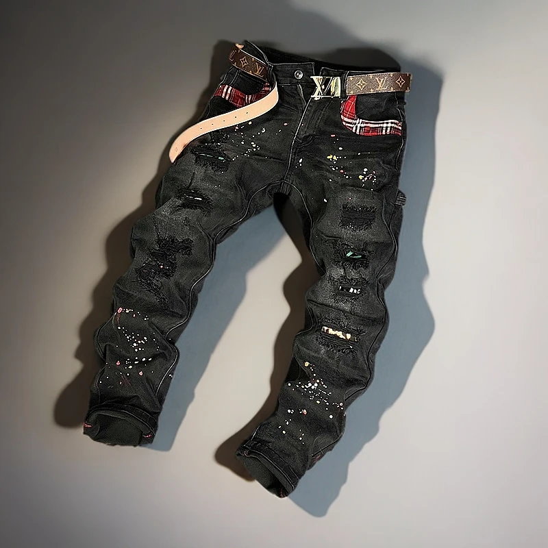欧美个性拼接牛仔裤破洞潮高街男潮牌弹力修身刺绣补丁喷漆小脚裤