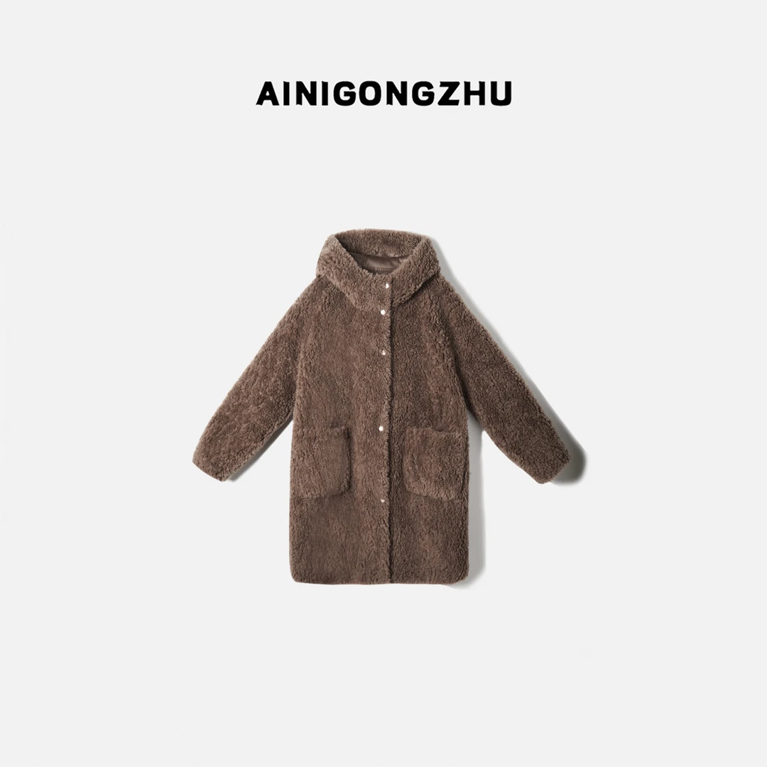 AINIGONGZHU/艾妮公主冬连帽单排扣宽松中长款颗粒羊毛外套23200