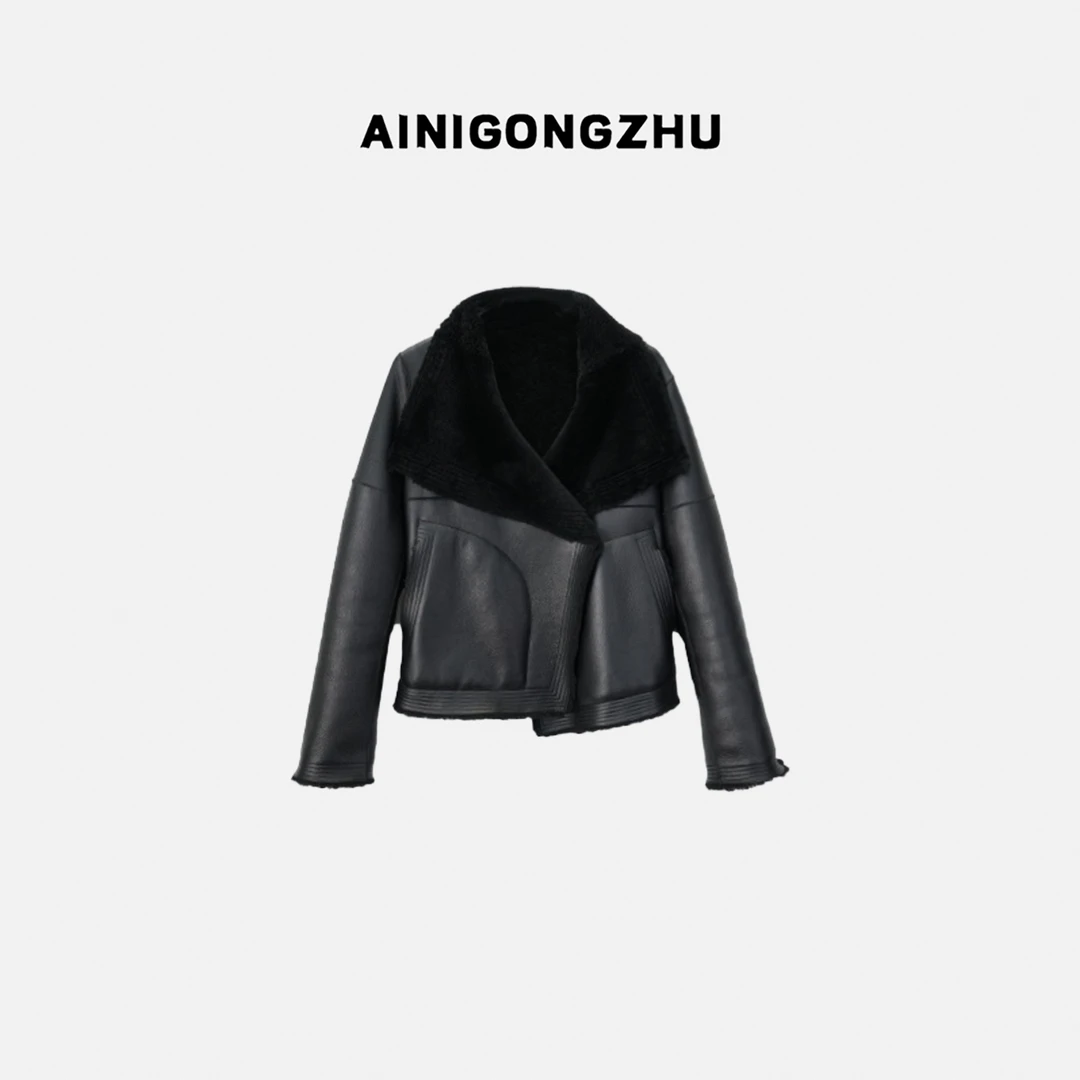 AINIGONGZHU/艾妮公主设计款贵气毛皮上衣一体翻领女装外套13410