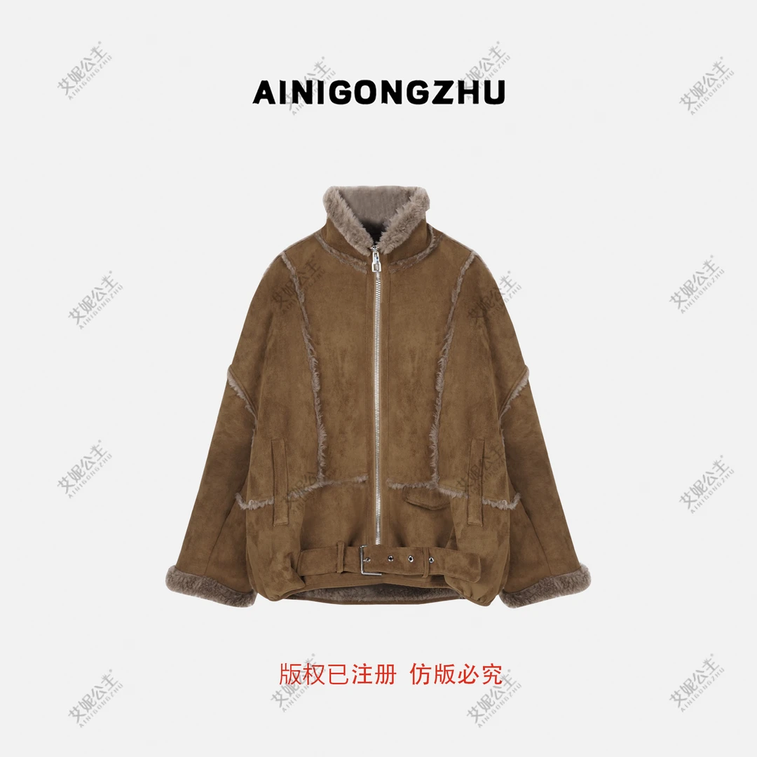 AINIGONGZHU/艾妮公主秋冬季机车设计师款羊毛皮草女装外套61790