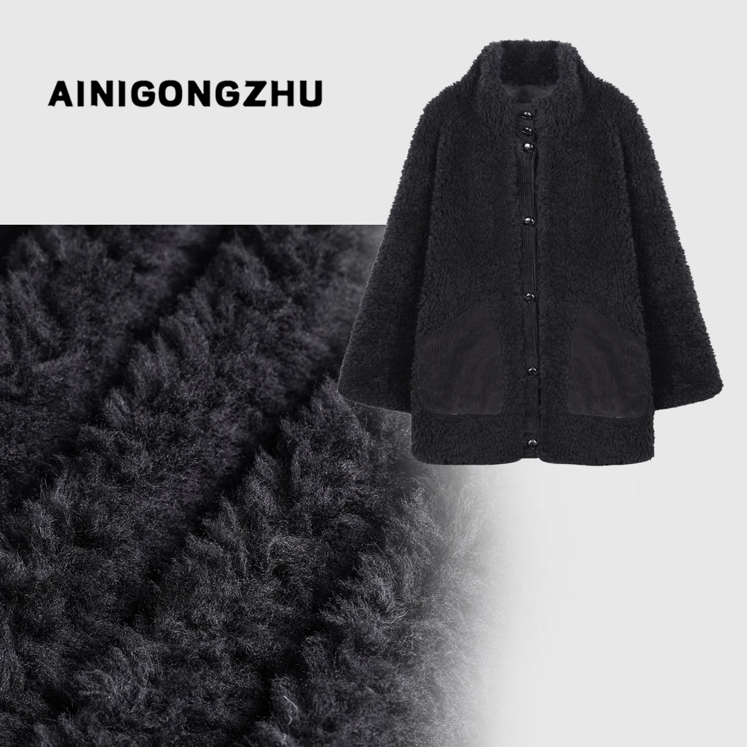 AINIGONGZHU/艾妮公主秋冬女款时尚气质宽松立领羊毛颗粒外套7718