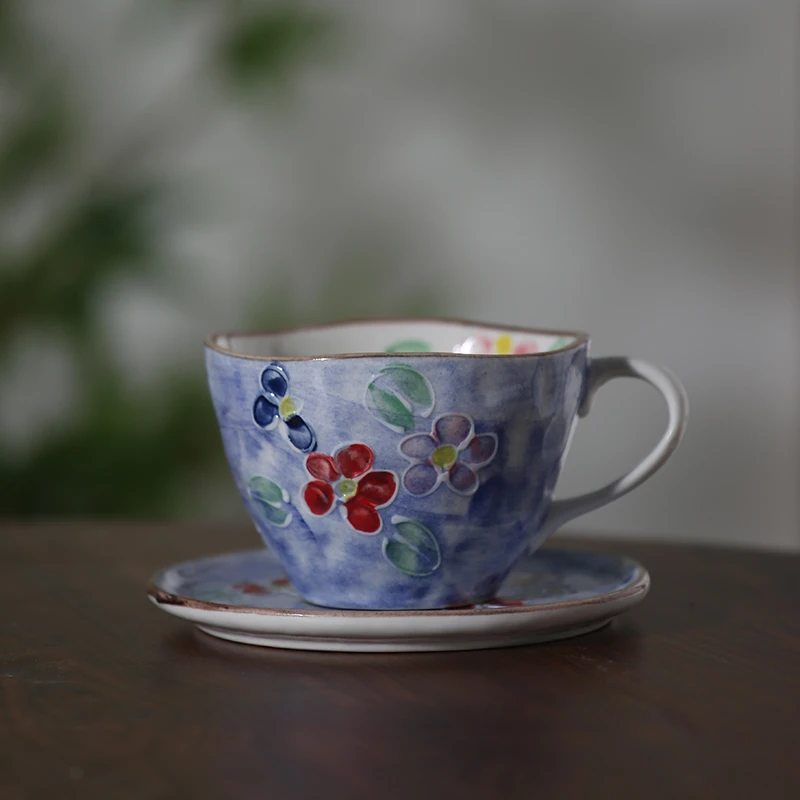 慕兮予物中式手绘手工梅花立体纹咖啡杯陶瓷釉下彩茶杯异形花朵杯