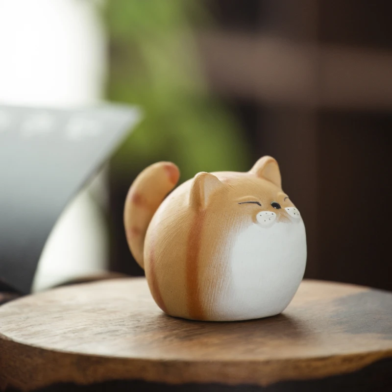 慕兮茶宠小橘猫宜兴紫砂段泥手工茶玩创意招财猫可爱摆件茶道把玩