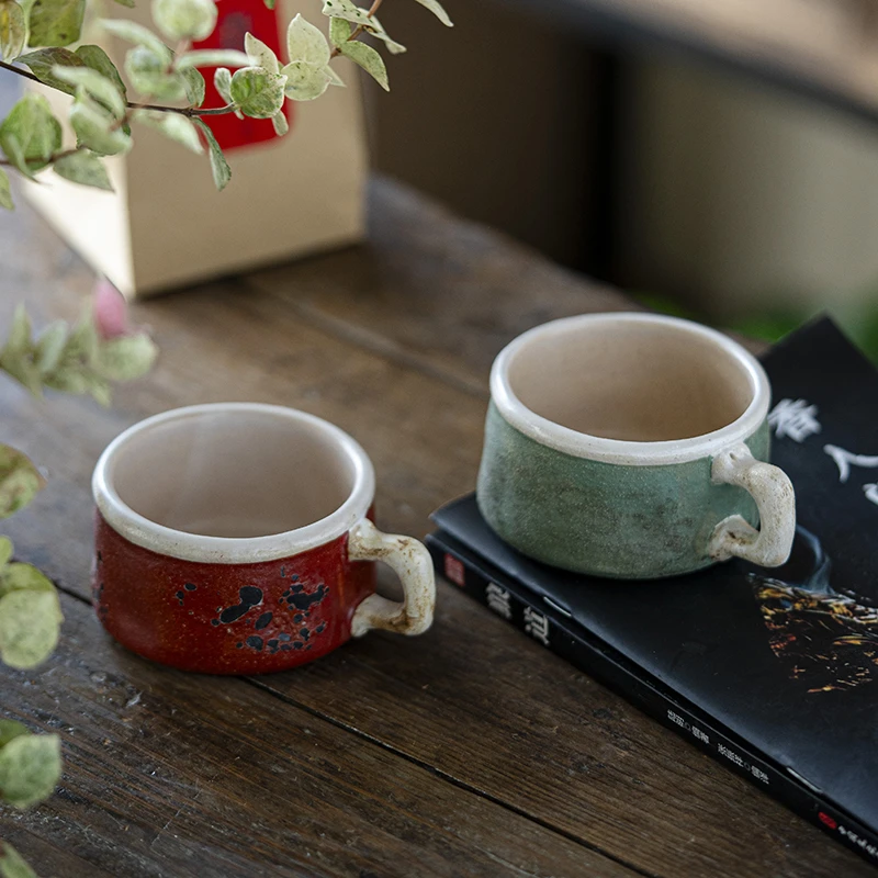 慕兮予物老岩泥做旧风咖啡杯斑驳复古风茶杯水杯红色杯子经典绿色