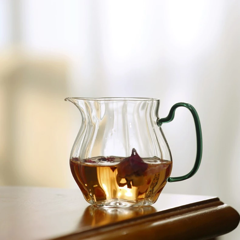 高硼硅玻璃瓜棱公道杯带把分茶器花型茶海绿茶泡茶器茶具器皿