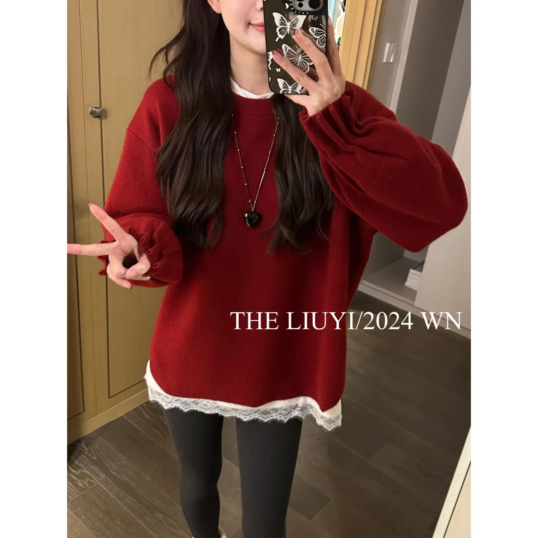 【LIUYI】新年毛衣~冬季羊毛混纺兔毛针织圆领大版毛衣411265