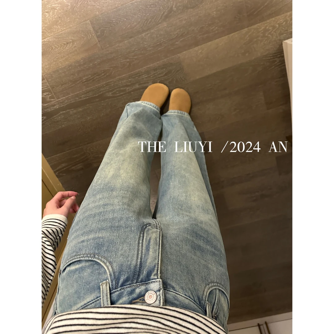 【LIUYI】暖绒牛仔裤~冬季加绒复古浅蓝高腰牛仔直筒裤410096