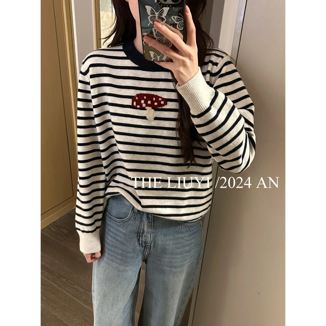 【LIUYI】蘑菇毛衣~冬季条纹撞色针织毛衣410206