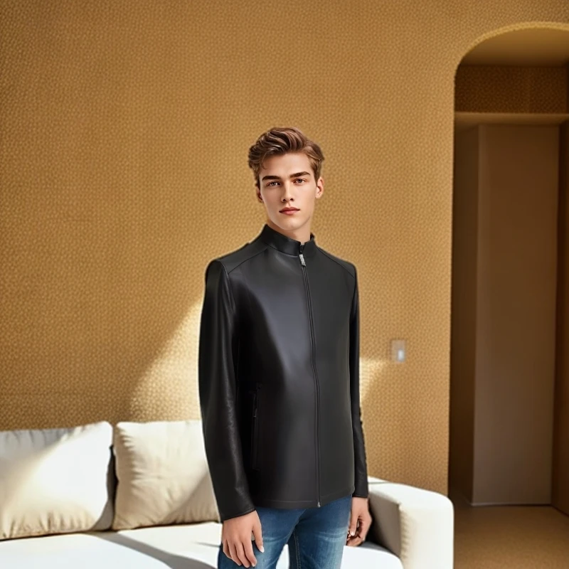 2025款男款立领山羊皮油边领真皮休闲百搭时尚流行通勤款短款