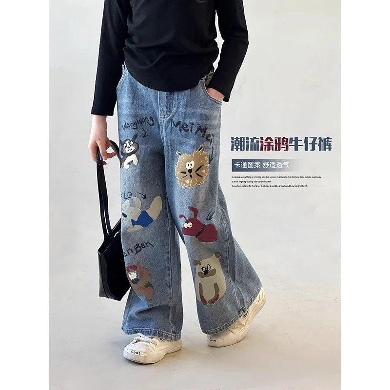 女童裤子秋季新款儿童卡通直筒牛仔裤女宝宝洋气休闲长裤24011821