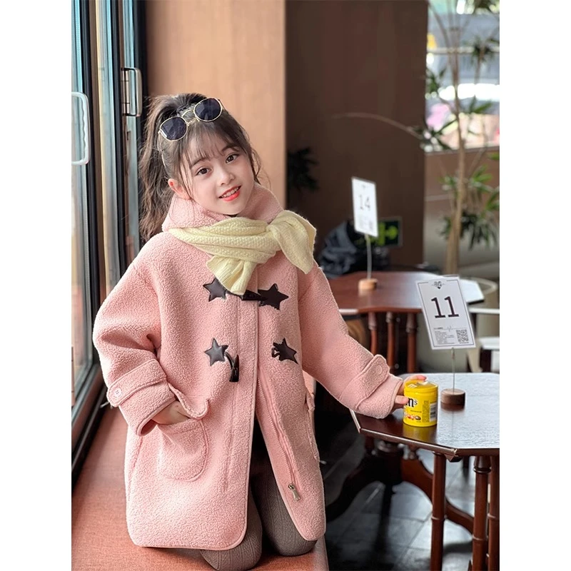 女童外套冬季新款秋装儿童中长款大衣加厚牛角扣毛毛衣23091254