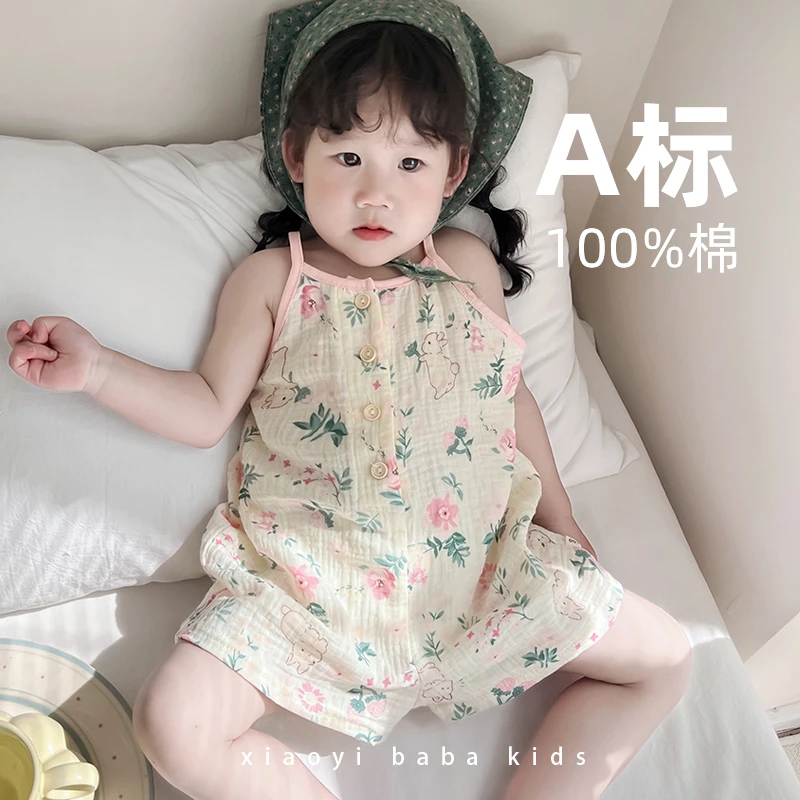 女孩吊带睡衣夏季薄款宝宝纯棉纱布家居服背心连体衣儿童小童睡裙