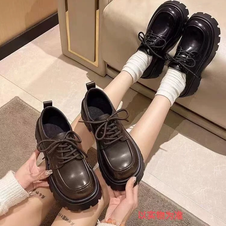 5806#厚底乐福鞋圆头乐福鞋时尚百搭黑色复古春季英伦风