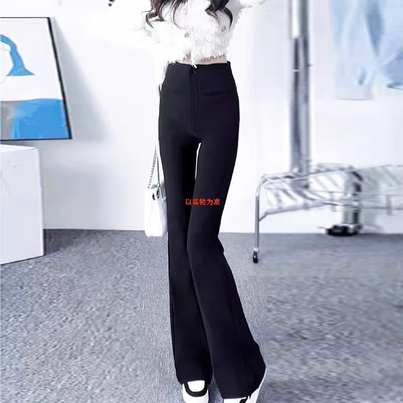 6601#女士显瘦时尚休闲黑色喇叭裤长裤微喇叭高腰阔腿修身弹力