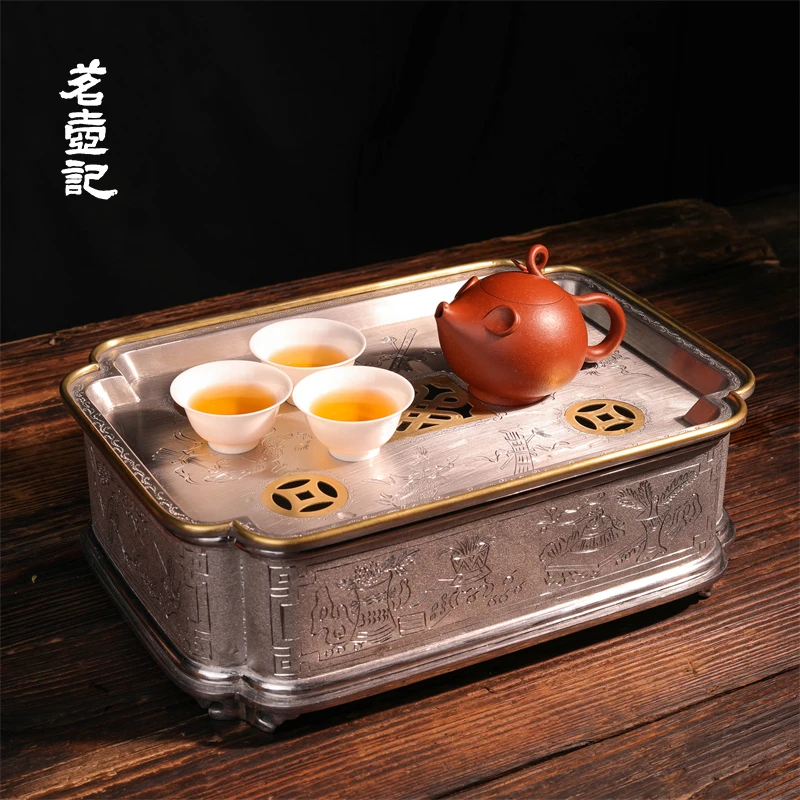 潮汕纯手工锡茶盘 潮阳真料点铜干泡台 海棠圆形方形壶承工夫茶具