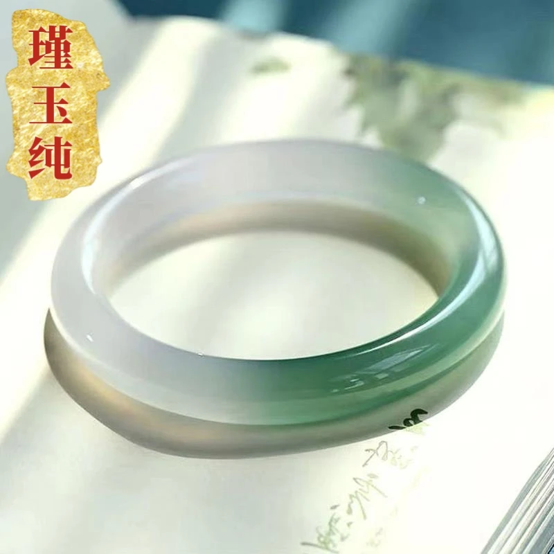 冰透玉髓手镯圆条女款油青色渐变半山半水玉镯子只此青绿玛瑙附证