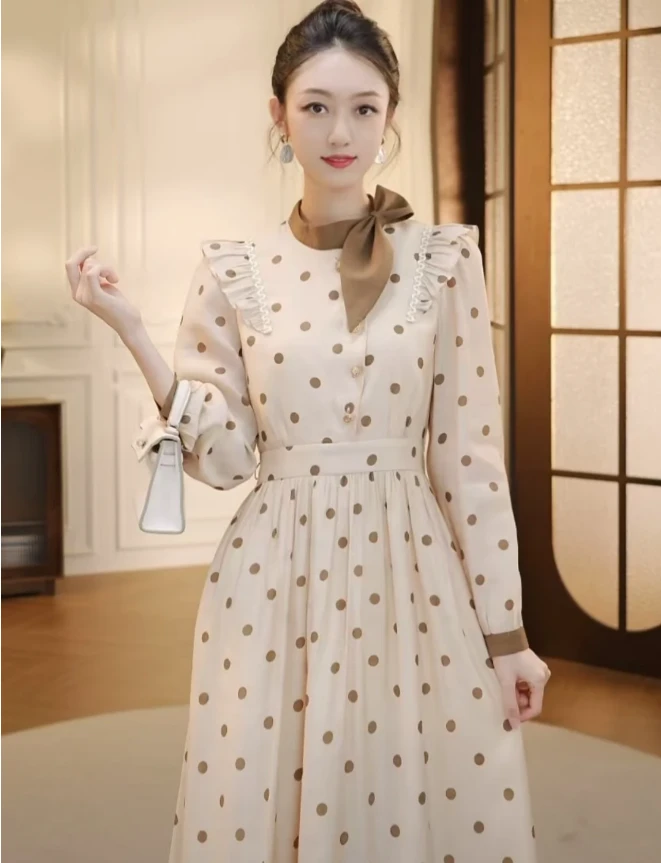 2024秋季新款901法式设计感波点领结中长连衣裙女