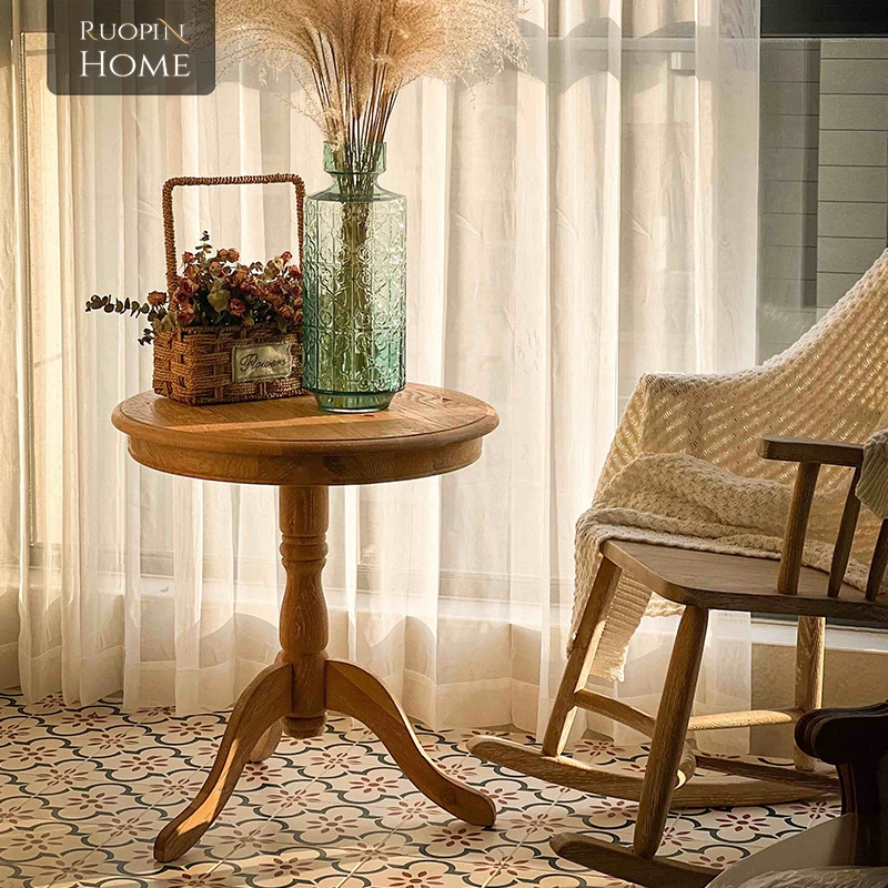 美式法式乡村复古风北美白橡木小圆桌实木茶几小圆几边几儿童桌