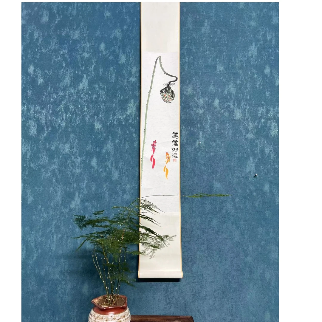 民间艺术老师手绘【好运运莲莲】120*15禅意轴竖款新中式