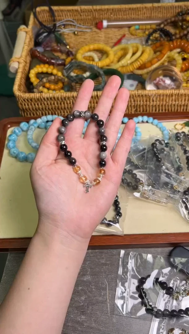 【闪购商品】黑曜岩手链未镶嵌银曜石黄晶设计款手链[0104]