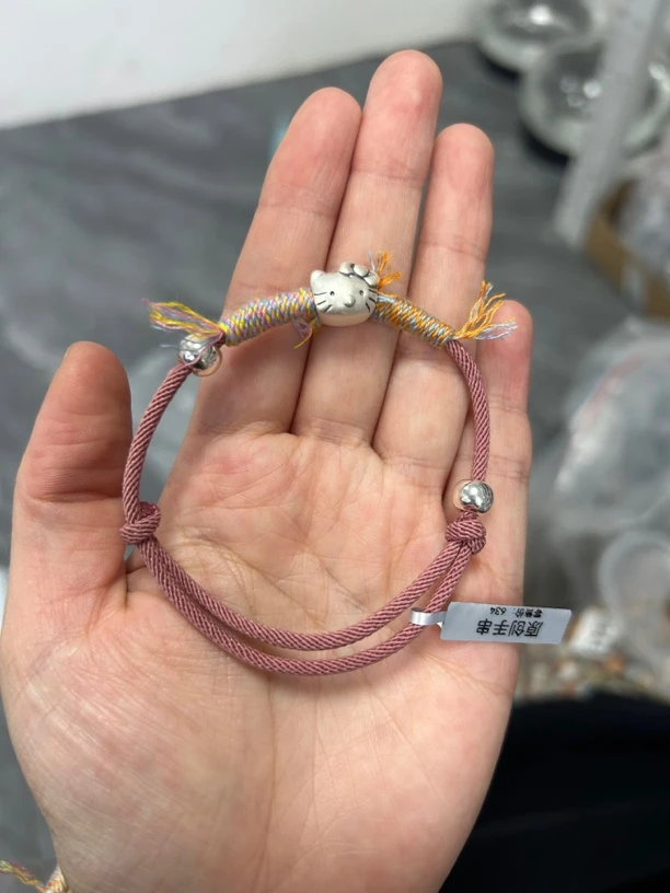 足银手链 足银招财猫原矿手工编织款足银抽拉手绳